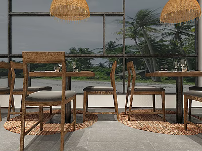 Rattan Dining Table Set with Chairs and Pendant Lights by Large Windows with Palm Trees 3d model