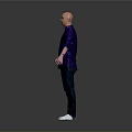 Bald Man In Purple Shirt Standing With Arms Outstretched On Gray Background