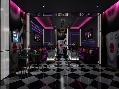 Modern KTV Lounge Interior With Purple Sofas Black And White Checkered Floor And Decorative Paintings 3d model