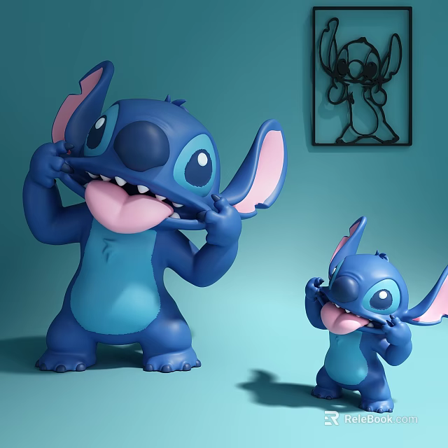 Large and Small Blue Stitch Dolls Sticking Tongue Hands Near Mouth Green Wall Framed Art 3d model 