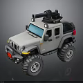 Silver Cartoon Off Road Vehicle With Large Tires Blue Windows And Roof Weapon Mount
