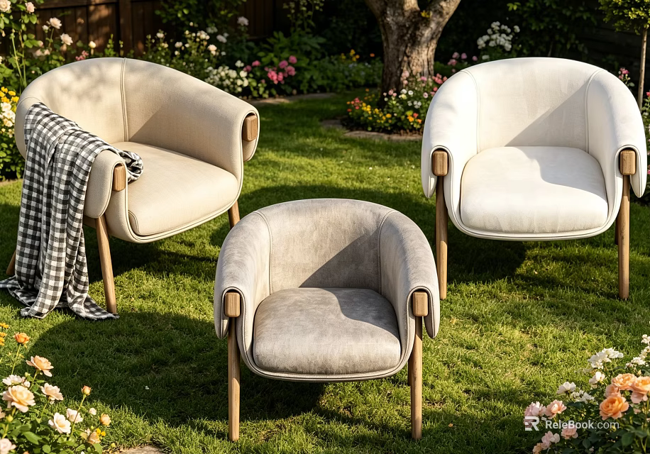 Comfortable Outdoor Armchairs On Green Lawn With Flowers Tree And Plaid Blanket 3d model 