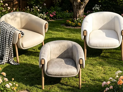 Comfortable Outdoor Armchairs On Green Lawn With Flowers Tree And Plaid Blanket 3d model