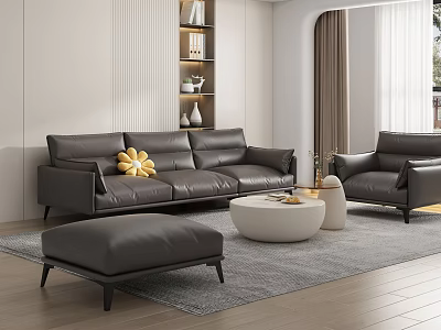 Simple Home Living Room Sofa Coffee Table Combination Leather Sofa Petal Pillow Cream Style Coffee Table Ornaments Italian Light Luxury Carpet Curtain Background Wall 3d model