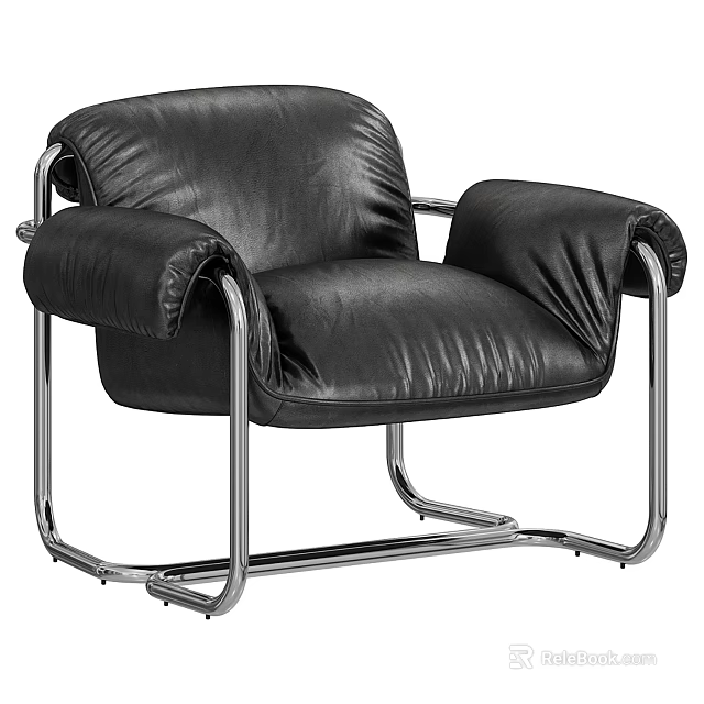 Modern Black Leather Leisure Chair With Silver Metal Frame Padded Armrests And Contemporary Design 3d model 