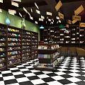 Bookstore Store Front Desk With Green Walls Bookshelves Hanging Lamps And Checkered Floor