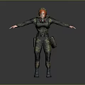Female Character In Camouflage Uniform With Red Hair Headphones Backpack Arms Outstretched Gray Background