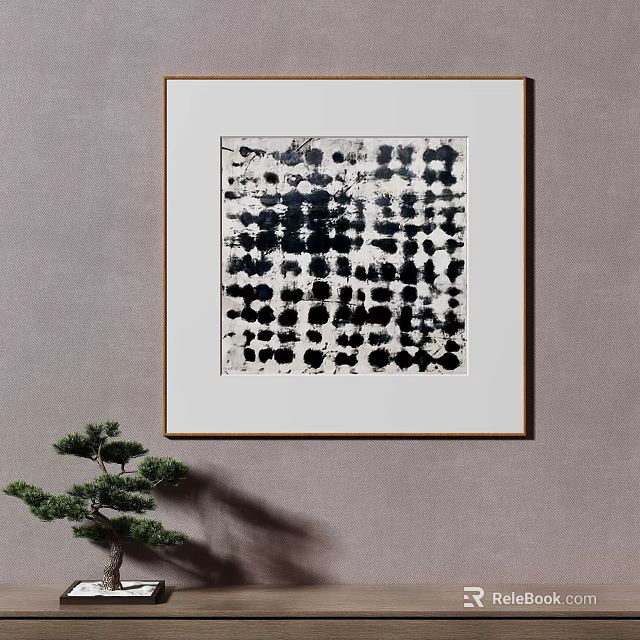 Modern Black And White Abstract Framed Wall Art With Small Decorative Plant 3d model 