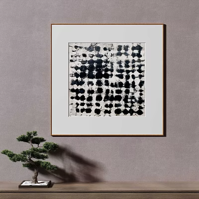 Modern Black And White Abstract Framed Wall Art With Small Decorative Plant 3d model