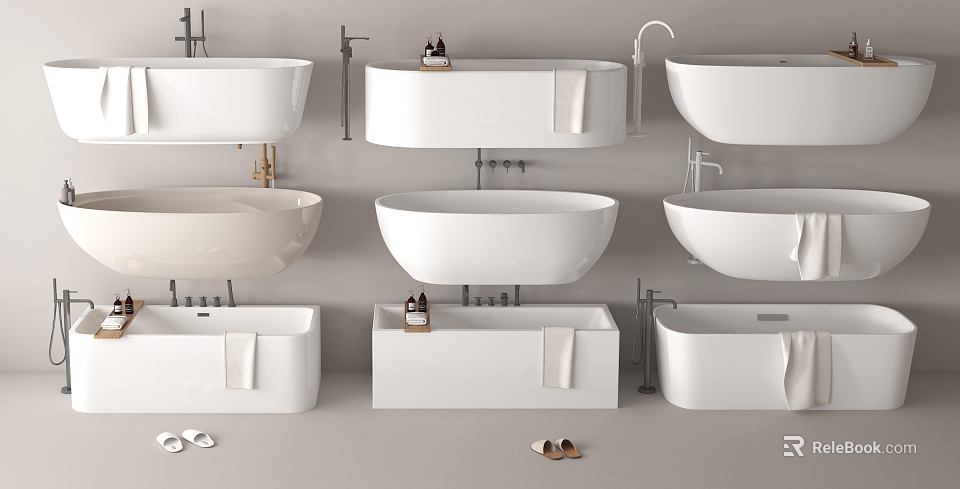 Modern Bathtub Collection With Various Freestanding Designs Faucets Towels And Slippers 3d model 