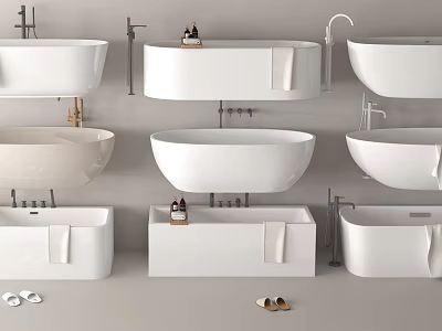 Modern Bathtub Collection With Various Freestanding Designs Faucets Towels And Slippers 3d model
