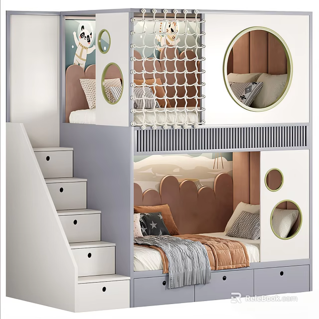 Kids Room Bunk Bed With Staircase Storage Drawers Safety Net And Circular Decor 3d model 