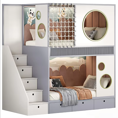 Kids Room Bunk Bed With Staircase Storage Drawers Safety Net And Circular Decor 3d model