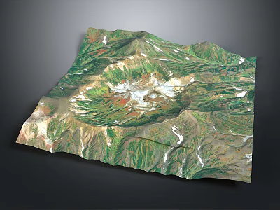 3D Mountainous Terrain Model With Central Volcanic Crater Lush Green Vegetation And Snowy White Areas 3d model