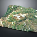 3D Mountainous Terrain Model With Central Volcanic Crater Lush Green Vegetation And Snowy White Areas