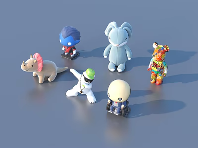Assorted Stuffed Toys with Various Styles and Colorful Designs on Gray Background 3d model