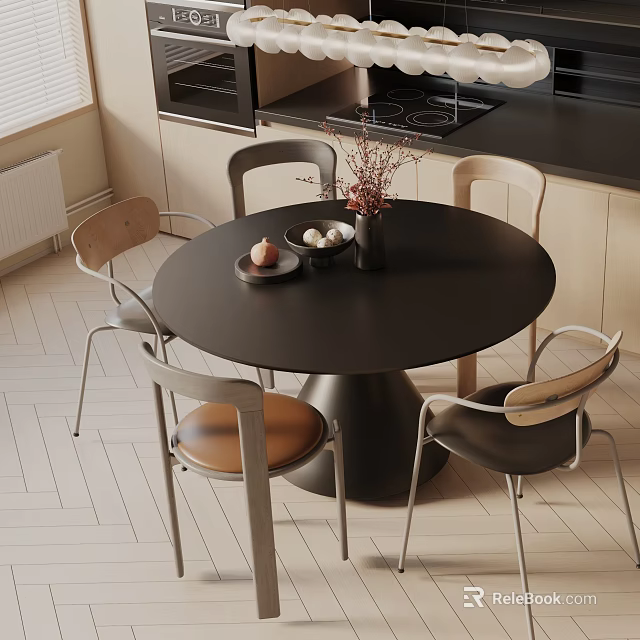 Modern Round Black Dining Table Set With Four Chairs Wooden Seats Metal Legs And Vase 3d model 