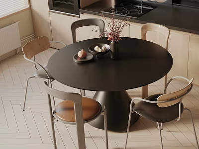 Modern Round Black Dining Table Set With Four Chairs Wooden Seats Metal Legs And Vase 3d model