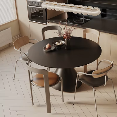 Modern Round Black Dining Table Set With Four Chairs Wooden Seats Metal Legs And Vase 3d model