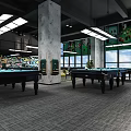 Modern Industrial Billiard Room With Multiple Tables Yellow Chairs And Lighting
