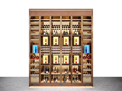 Modern Stylish Wine Cabinet With Glass Doors Shelves And Bottles 3d model