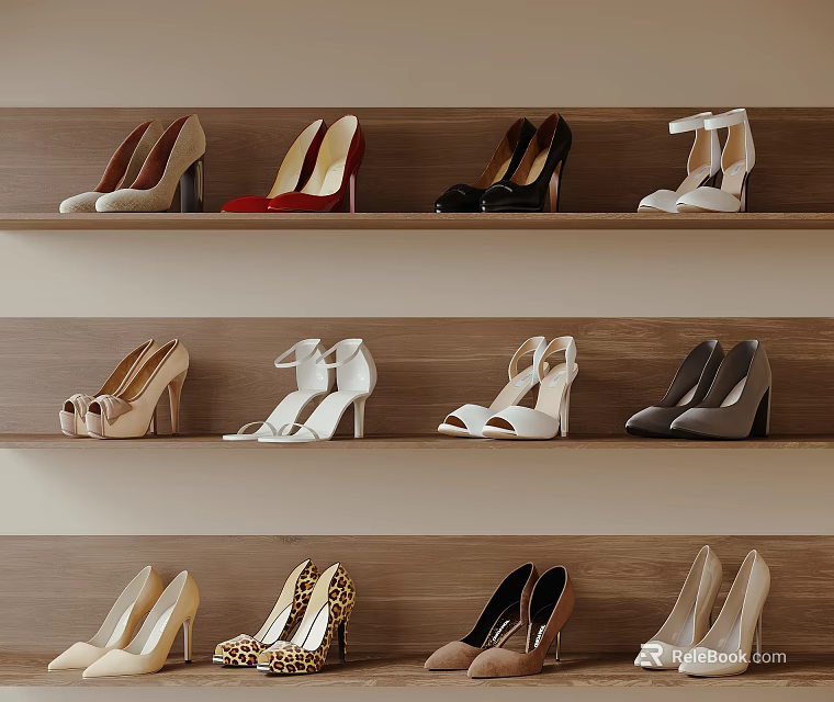 Fashionable High Heels Display on Wooden Shelves with Diverse Colors and Styles 3d model 