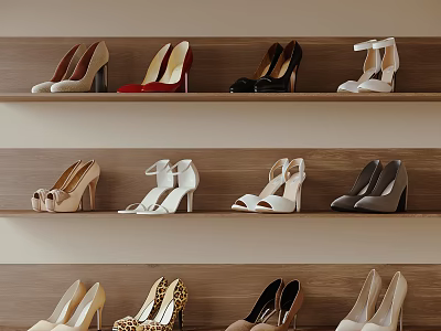 Fashionable High Heels Display on Wooden Shelves with Diverse Colors and Styles 3d model