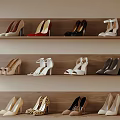 Fashionable High Heels Display on Wooden Shelves with Diverse Colors and Styles
