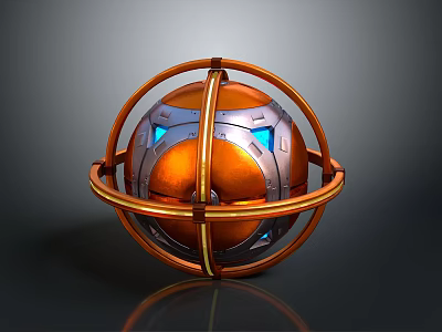 Ornate Metallic Spherical Structure With Orange Silver Surface And Golden Circular Rings 3d model
