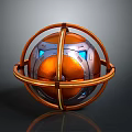 Ornate Metallic Spherical Structure With Orange Silver Surface And Golden Circular Rings