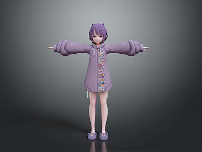 Woman With Purple Hair In Purple Hoodie Embroidered Patterns Arms Outstretched Purple Shoes Gray Background 3d model