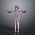 Woman With Purple Hair In Purple Hoodie Embroidered Patterns Arms Outstretched Purple Shoes Gray Background