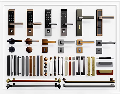 Various Types Of Modern Door Handles With Electronic Mechanical Styles And Metal Finishes 3d model