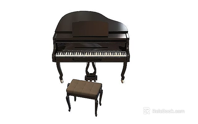 Technology Exhibition Hall Display With Black Piano And Wooden Stool 3d model 