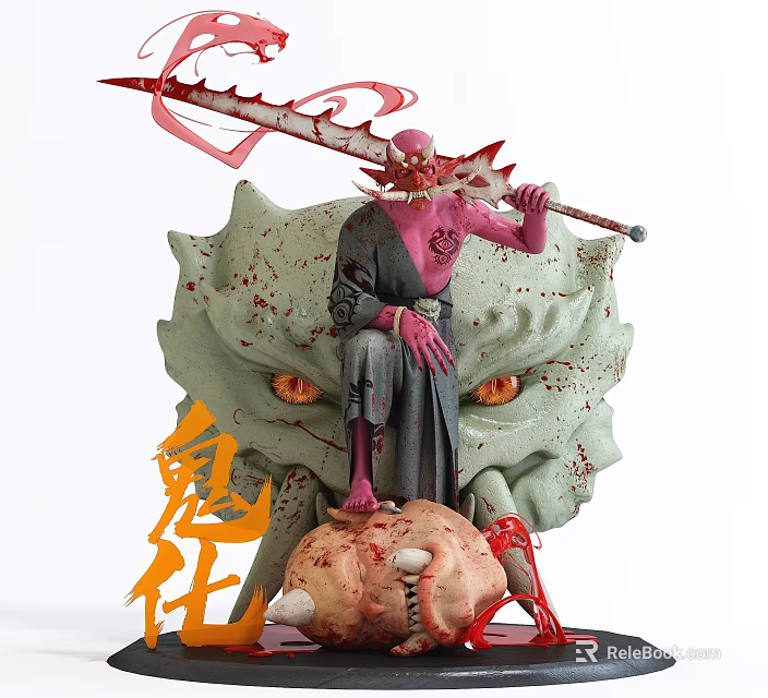 Demon Themed Doll With Red Spear Standing On Green Monster Base 3d model