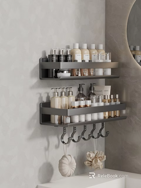 Bathroom Accessories Wall Mounted Shelves With Toiletries Storage Racks And Hooks 3d model 