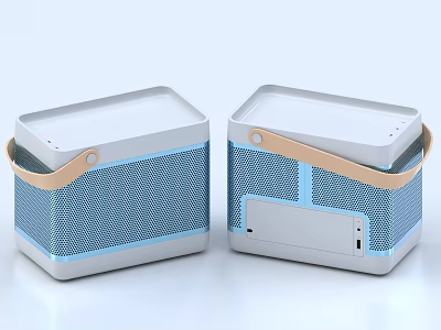 Portable Bluetooth Speakers With Square Design Light Blue Mesh And Wooden Handle 3d model