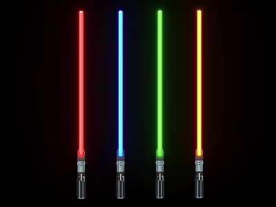 Colorful Illuminated Lightsabers With Red Blue Green Yellow Blades And Metal Hilts On Black Background 3d model