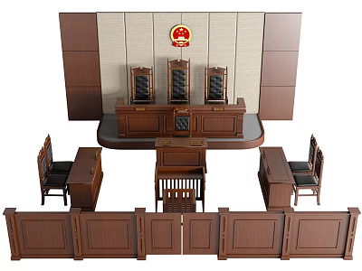 Traditional Courtroom Setup With Wooden Judge Bench Witness Stand And Emblem 3d model