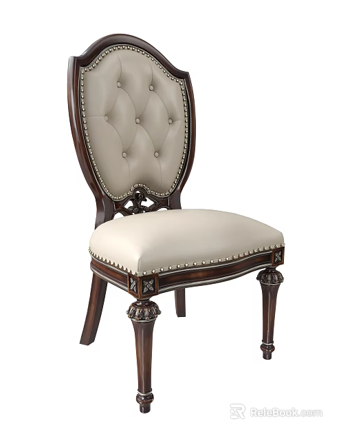 Classic Traditional Dining Chair With Tufted Backrest Light Upholstered Seat And Dark Wooden Carved Feet 3d model 