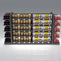 Retail Display Shelving Featuring Multiple Layers Holding Bottled Drinks Boxed Products And Red Packages