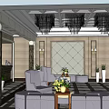 Elegant Hotel Lobby With Ornate Ceiling Black Chandelier Checkerboard Floor And Reception Desk