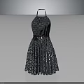 Stylish Halter Neck Black Dress With Fitted Patterned Bodice And Pleated Skirt Design