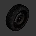 Worn Car Tire With Deep Tread And Rusty Metal Rim On Gray Background