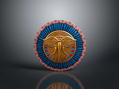 Ancient Decorative Shield With Golden Eagle Head And Blue Red Patterns 3d model
