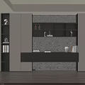 Modern Built in Bookcase Design With LED Lighting Marble Accent Wall And Decorative Books