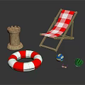 Red and White Checkered Wooden Lounge Chair Summer Beach With Sandcastle Life Ring And Ball