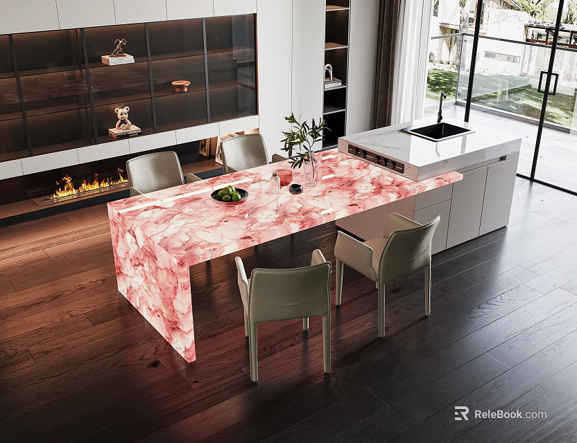 Modern Dining Table Set With Pink Marble Countertop And Chairs In Modern Kitchen 3d model 