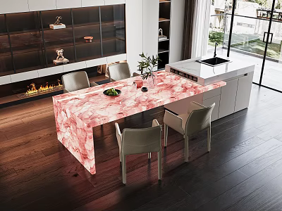 Modern Dining Table Set With Pink Marble Countertop And Chairs In Modern Kitchen 3d model