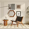Stylish Leisure Chair With Wooden Frame Leather Cushion Side Table Potted Plant And Wall Art